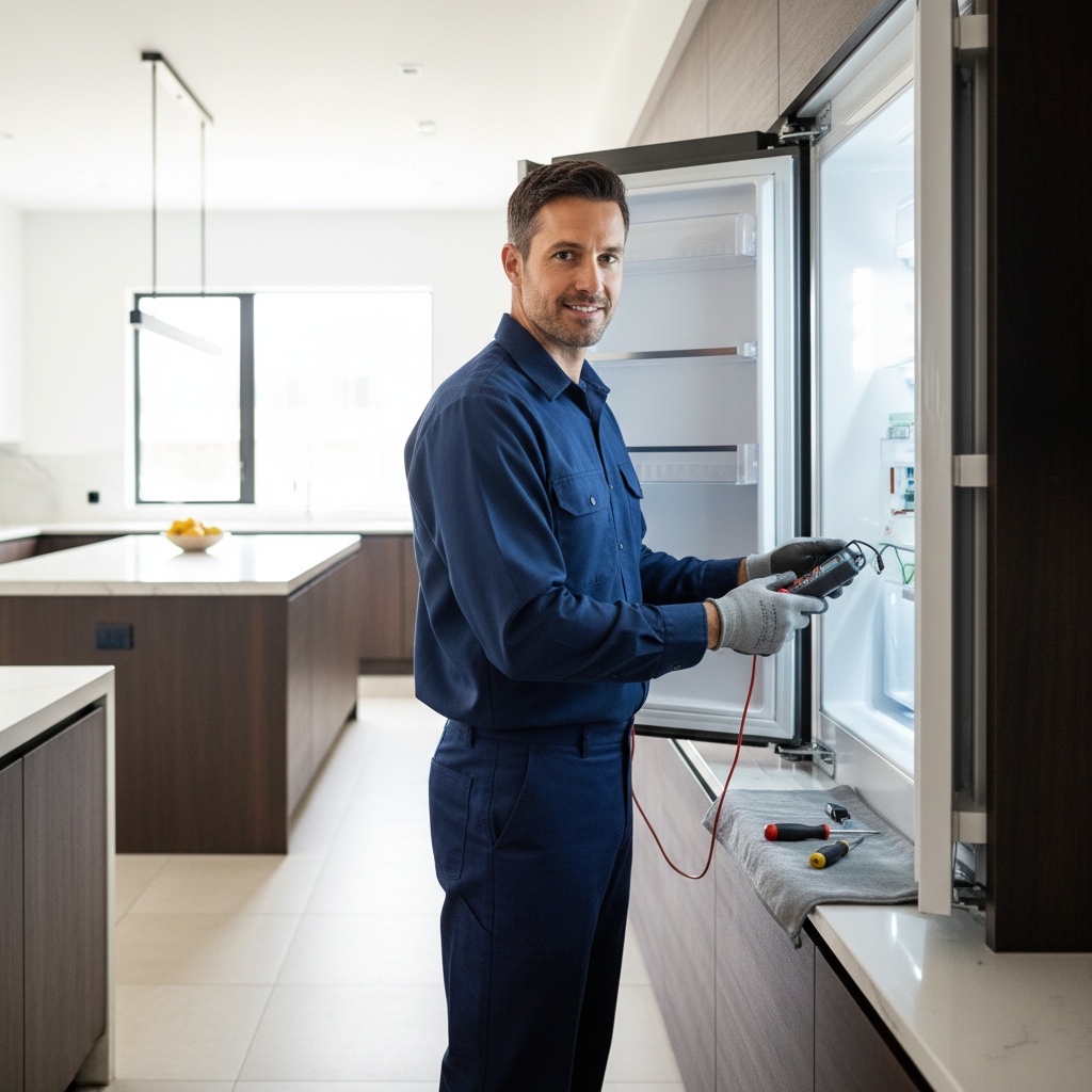Professional appliance repair technician inspecting a built-in refrigerator